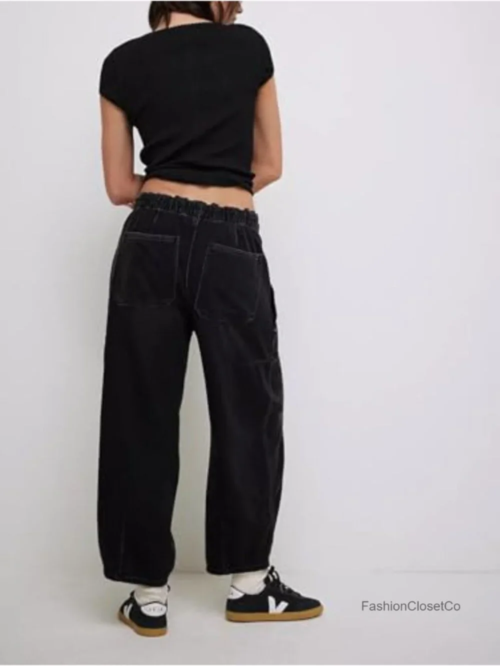 Womens Barrel Jeans Elastic Drawstring Loose Wide Leg Cropped Denim Pants Y2k - Picture 6 of 6